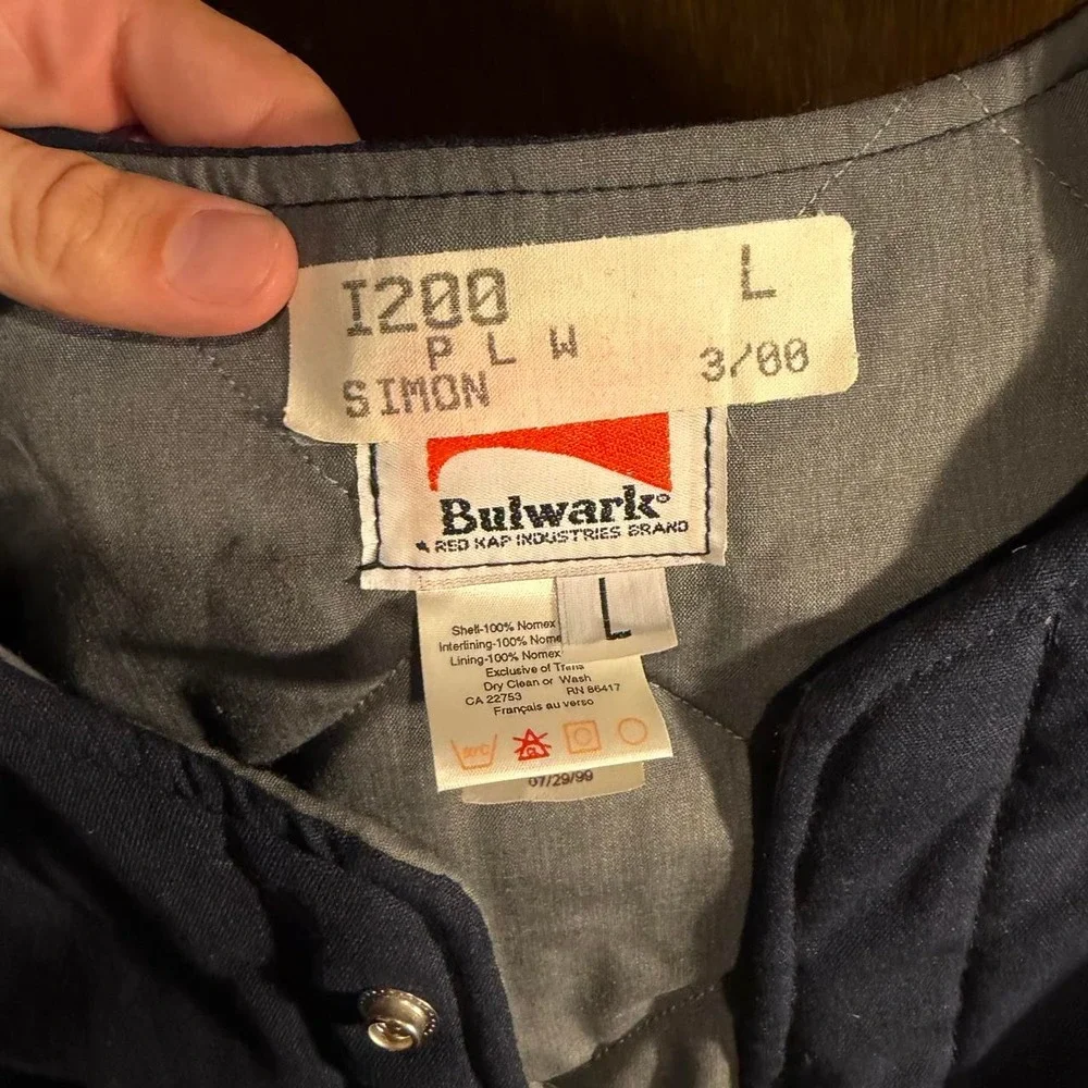 Vintage 1999 Bulwark Nomex FR Jacket L Navy Quilted Liner Fire Resistant LNL2NV